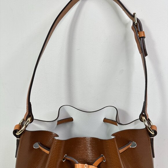 Dooney & Bourke Leather Drawstring Bucket Shoulder Bag Brown/Cream - Picture 3 of 14